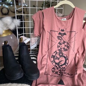 Geometric Serpent Moon Goddess Cold Shoulder Tee via Divided. Color- desert rose